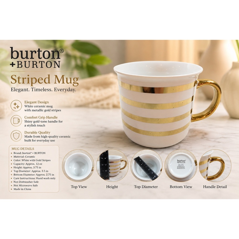 Burton + Burton White and Gold Striped Ceramic Coffee Mug Metallic Gold‎ Handle